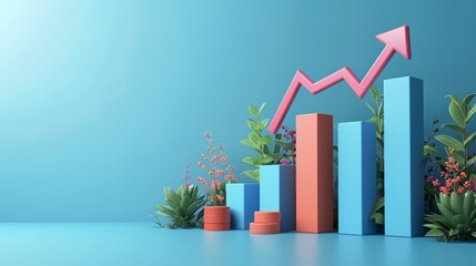 The 3d growth business graph on success financial represents profit and revenue growth, accompanied by a hovering arrow indicating positive market trends