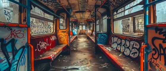 graffiti on the interior of a bus car train interior in graffiti abandoned. An abandoned and deteriorated train with graffiti. Generative ai