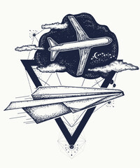 Wall Mural - Dream tattoo. Paper plane dreams to become the big plane. Symbol imagination, motivation, creative art, travel. T-shirt design concept