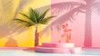 A tropical scene with a palm tree and pink flowers. The scene is set on a pink platform with a yellow wall in the background