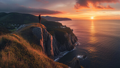 Sticker - person sitting on a cliff in the sunset