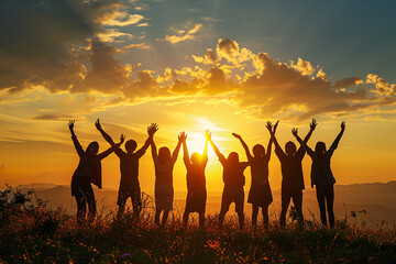 Wall Mural - group of people at sunset - friendship