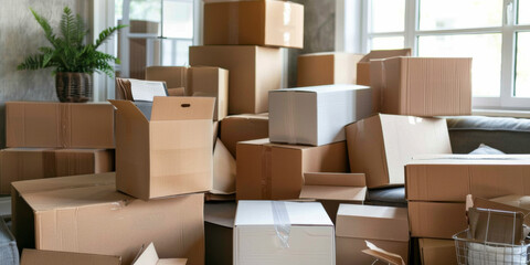 Chaos of moving day with cardboard boxes scattered in a disorganized home interior.