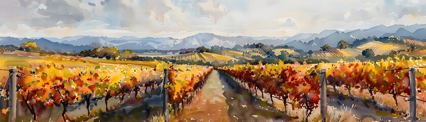 Wall Mural - A painting of a vineyard with a cloudy sky in the background