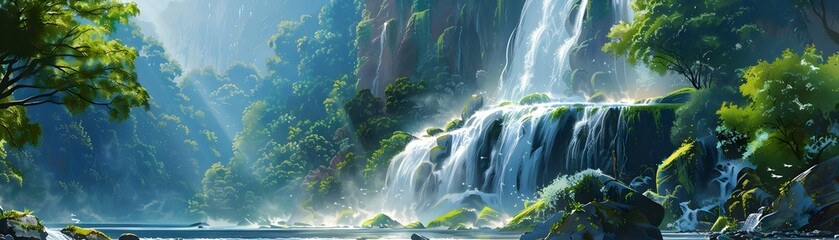 Wall Mural - Enchanted Rainforest Waterfall. Highlighting the untouched beauty and mystical atmosphere of nature