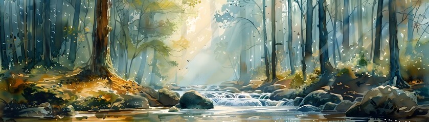 Wall Mural - Watercolor Forest Stream with Sun Rays, To provide a peaceful and calming image for use in graphic design, desktop background