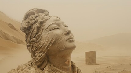 A asiatic queen woman out of sand is fading away by a sandstorm in the Desert
