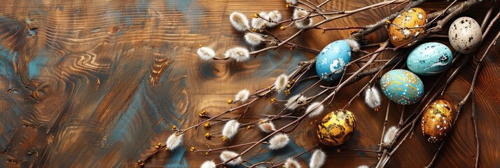 Wall Mural - Flat lay Easter composition. Easter card with willow branch and colorful eggs on a wooden background. Space for text. Banner