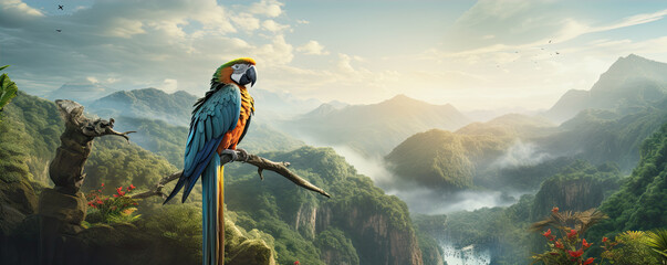 Wall Mural - Macaw perched in a tropical paradise at sunset