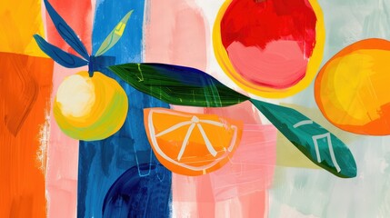 Poster - Abstract background with fruits in minimalistic flat hand drawn naive style. Simple tropical summer banner, trendy stylish fashion print, poster