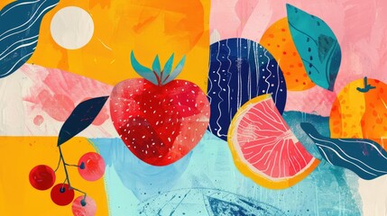 Poster - Abstract background with fruits in minimalistic flat hand drawn naive style. Simple tropical summer banner, trendy stylish fashion print, poster