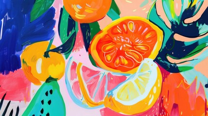 Poster - Abstract background with fruits in minimalistic flat hand drawn naive style. Simple tropical summer banner, trendy stylish fashion print, poster