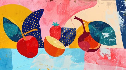 Poster - Abstract background with fruits in minimalistic flat hand drawn naive style. Simple tropical summer banner, trendy stylish fashion print, poster