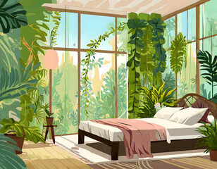 Interior shots bedroom room with flora and fauna or vertical gardens on digital art concept.