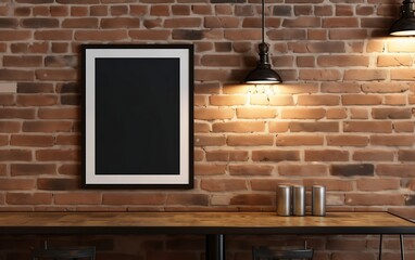 blank black picture frame on wooden table in front of brick wall