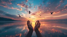 Serene Moment Of Prayer With Open Hands Facing Heaven And Birds In Sunset Sky