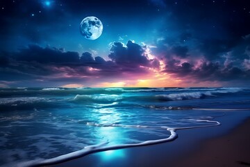 Wall Mural - beautiful seascape at night with a full moon in the sky