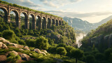 Roman aqueducts draped over a lush valley, still standing as a testament to ancient engineering.