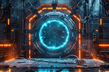 Wall Mural - Neon Glowing Digital Matrix A Futuristic, High-Tech Doorway Generative AI