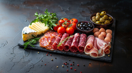 Wall Mural - Antipasto platter with salami, ham, cheese and olives. Antipasti. 