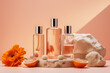 glass cosmetic bottles serum with organic orange extract and marble rock podium