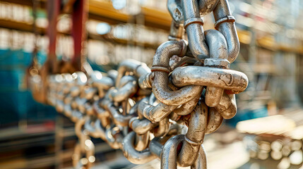 Close-up of a heavy, rusty chain on a metallic surface
