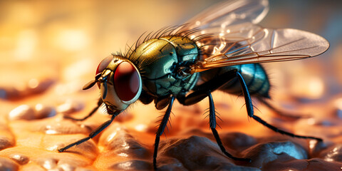 fly of india, Fly Insect, A blue and black fly sit, Big beautiful fly front view closeup, extreme close up of a fly, Generative AI