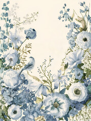  Vintage Watercolor blue floral branches. Generative ai