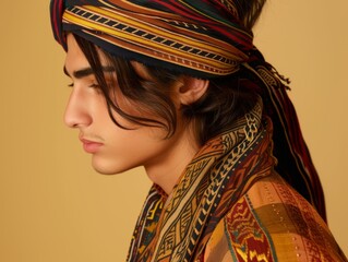 A man wearing a colorful scarf and turban is looking at the camera. The scarf is multicolored and has a pattern of stripes and squares. The man's hair is long