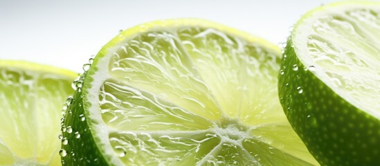 Poster - Close up of fresh lime slices on a white surface. These vibrant green fruits are a versatile ingredient in many dishes and drinks, providing a burst of citrus flavor