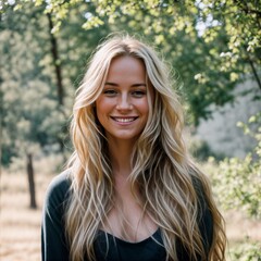 Happy lady with flowing hair stands in picturesque outdoor location 