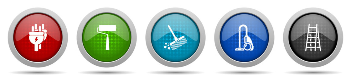 Aufkleber - House services icons, miscellaneous buttons such as plug, paint roller, broom, vacuum cleaner and ladder, circle glossy web icon collection