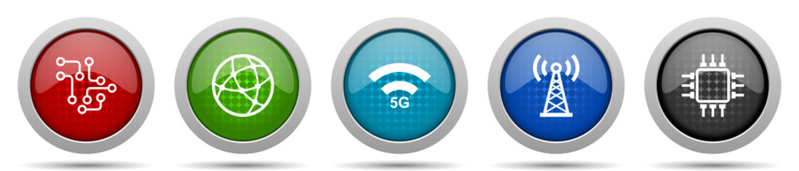 Aufkleber - Technology and computer icons, miscellaneous buttons such as chip, globe, 5g, antenna and computer, circle glossy web icon collection