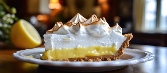 Wall Mural - A zesty slice of lemon meringue pie sits on a white plate, ready to be enjoyed. This dessert combines sweet and tangy flavors, perfect for any occasion