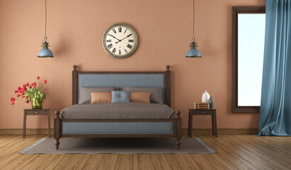 Wall Mural - Classic style bedroom with large bed, and a vintage wall clock