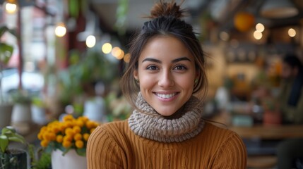 A woman with a scarf on her neck is smiling at the camera. The scene takes place in a restaurant with a few potted plants in the background