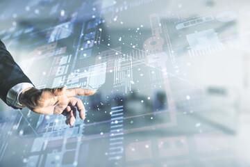 Wall Mural - man hand clicks on abstract virtual coding illustration on blurred office background, software devel