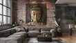 Buddha artwork in a modern loft living room, blending spirituality with contemporary interior design. Suitable for home decor themes.