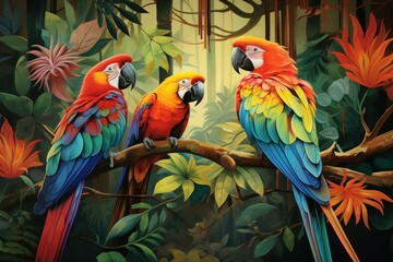 Vibrant Forest jungle parrots. Red blue birds. Generate Ai