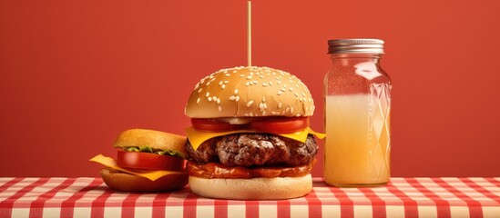 Poster - A staple food, a hamburger, is placed on a table alongside a bottle of orange juice, a popular drink. Both are key ingredients in fast food cuisine