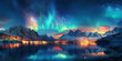 panoramic landscape with northern lights in night starry sky over a lake with mountains in winter