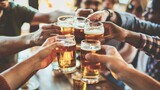 Fototapeta Fototapeta Londyn - Happy multiracial friends toasting beer glasses at brewery pub restaurant - Group of young people enjoying happy hour drinking alcohol sitting at bar table - Life style, food and beverage concept