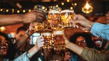 Fototapeta Londyn - Happy multiracial friends toasting beer glasses at brewery pub restaurant - Group of young people enjoying happy hour drinking alcohol sitting at bar table - Life style, food and beverage concept