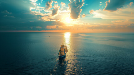 Wall Mural - sunset over the sea and the ship