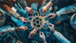 Office workers holding cog wheel as unity and teamwork in corporate workplace concept. Diverse colleague business people showing symbol of visionary system and mechanism for business