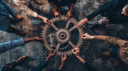 Wall Mural - Office workers holding cog wheel as unity and teamwork in corporate workplace concept. Diverse colleague business people showing symbol of visionary system and mechanism for business