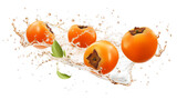 Persimmon sliced pieces flying in the air with water splash isolated on transparent png.