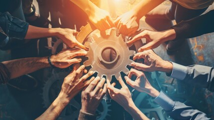 Settings, gear icon and teamwork with business people or team together for collaboration and synergy with cog wheel strategy. Office group hands for problem solving, innovation and development