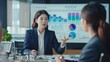 © Sasint - Young Asian businesswoman presenting data analysis dashboard on TV screen in modern meeting. Business presentation with group of business people in conference room. Concord