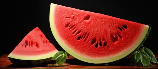 Wall Mural - Two slices of Citrullus lanatus, commonly known as watermelon, are placed on a wooden table. The fruit is a natural food with green outer skin and juicy red interior